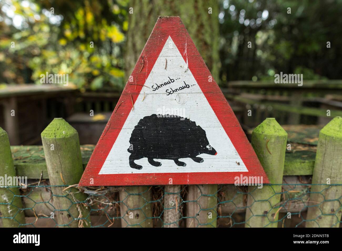 Common Hedgehog (Erinaceus europaeus). Sign at an outdoor enclosure for hedgehogs. Germany Stock Photo