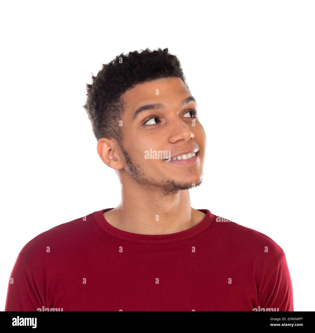 Latin guy with short afro hair isolated on white background Stock Photo