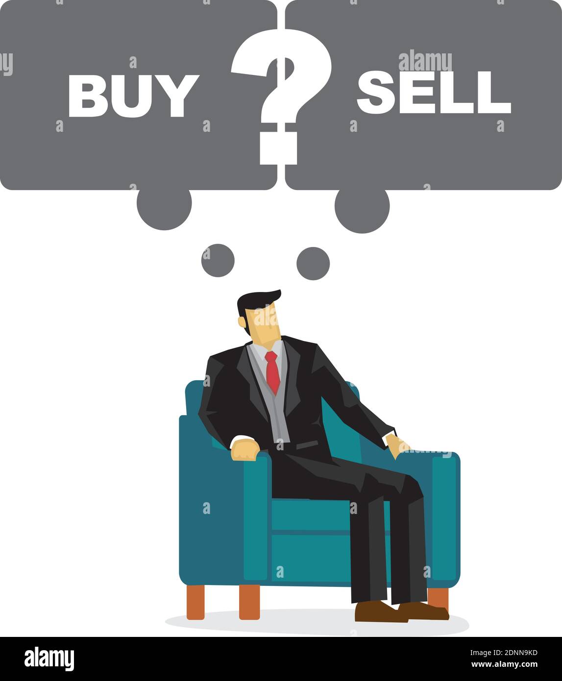 Business man with speech bubble thinking if he should buy or sell his shares. Portray of a indecisive leader. Vector cartoon illustration. Stock Vector
