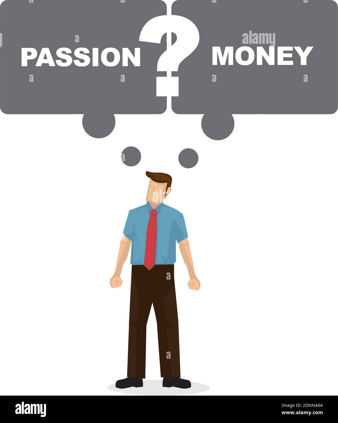 Employee with thinking speech bubble if he should follow his passion or work for monay. Portray of a indecisive employee. Vector illustration Stock Vector