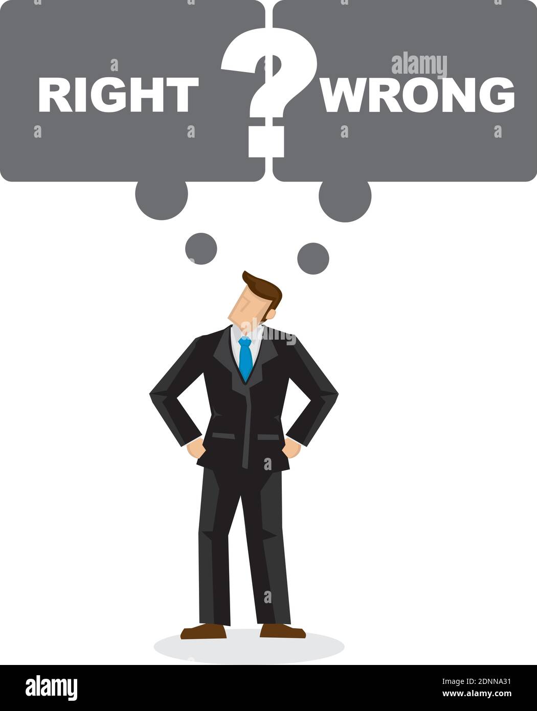 Business man with speech bubble thinking if he is right or wrong. Portray of a indecisive leader. Vector cartoon illustration. Stock Vector