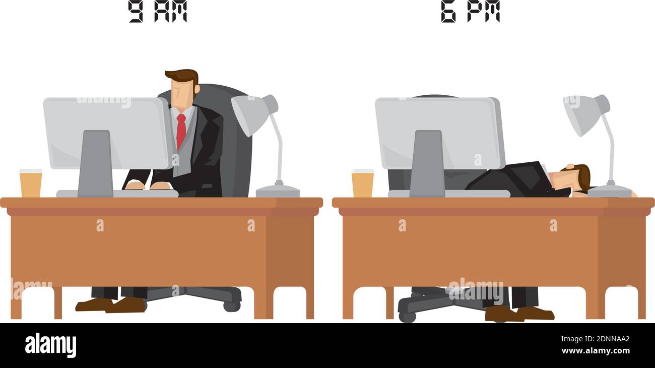 Business executive in suit showing his energy level during different time of the day from fully charged to exhausted. Conceptual vector cartoon illust Stock Vector