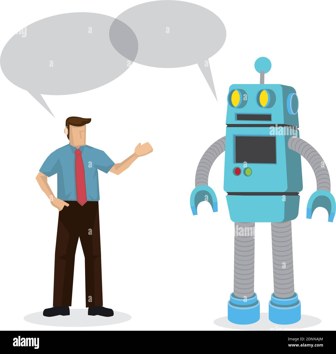 Robot talking with an office worker. Depicts automation, future job market and artificial intelligence. Concept of Human vs Robot. Isolated vector car Stock Vector