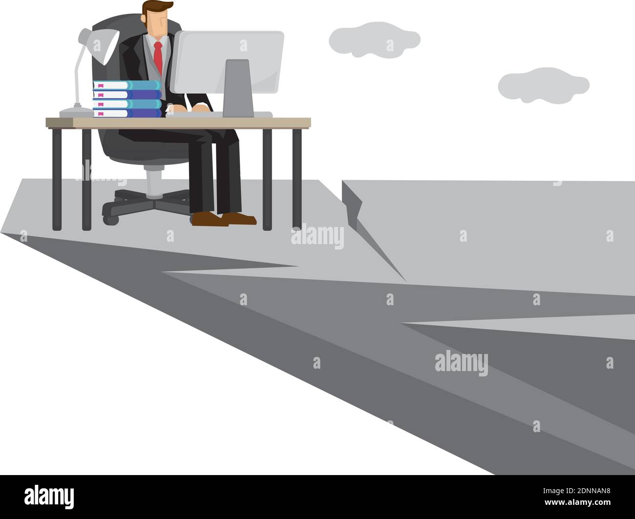 Mataphor of businessman on the edge of the cliff working. Concept of risk taking or dangerous corporate operation. Isolated vector illustration. Stock Vector