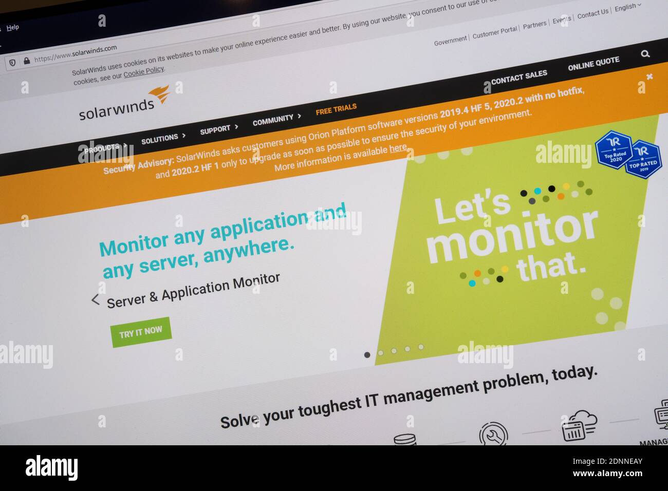 The website of SolarWinds, suppliers of network management software, displays a warning to users of their Orion Platform to download security patches following news that the software's security has been compromised.  It is believed that Russian based hackers have introduced malware into the software giving remote access to an organization's network. Stock Photo