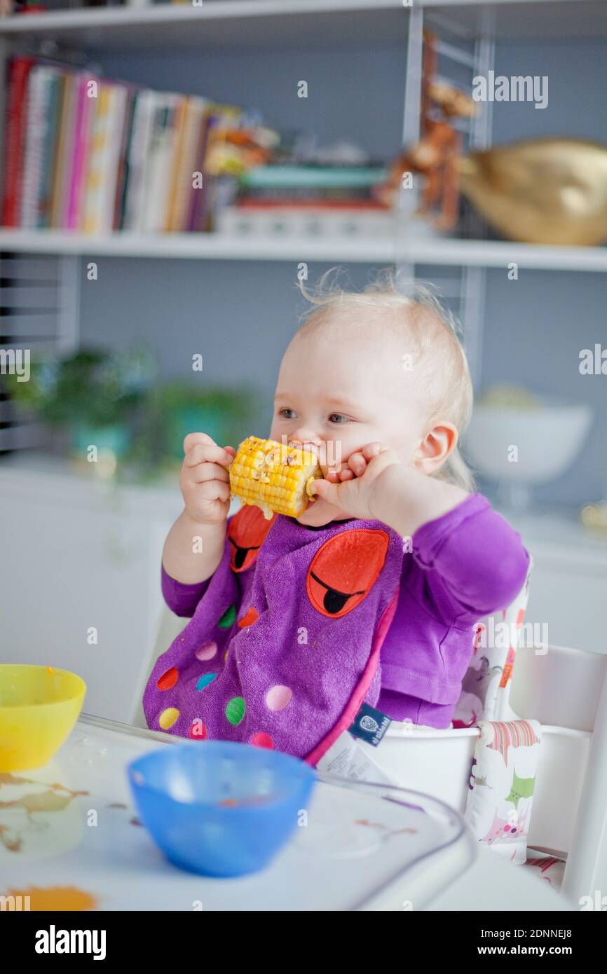 Baby girl eating corn on cob Stock Photo Alamy