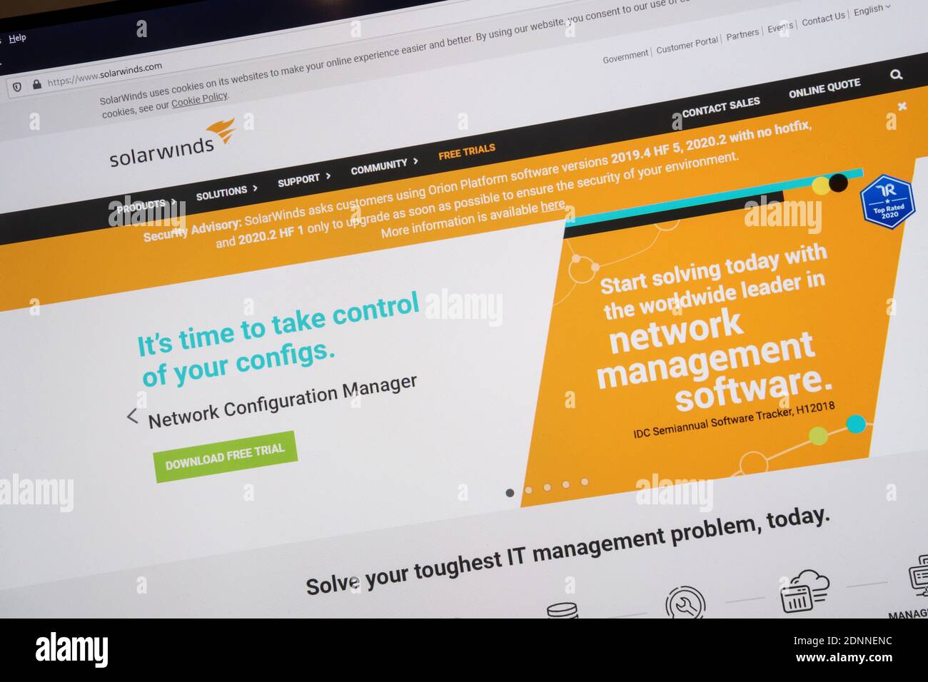 The website of SolarWinds, suppliers of network management software, displays a warning to users of their Orion Platform to download security patches following news that the software's security has been compromised.  It is believed that Russian based hackers have introduced malware into the software giving remote access to an organization's network. Stock Photo