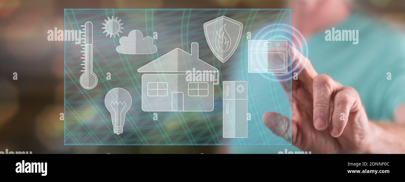 Man touching a smart home concept on a touch screen with his finger ...