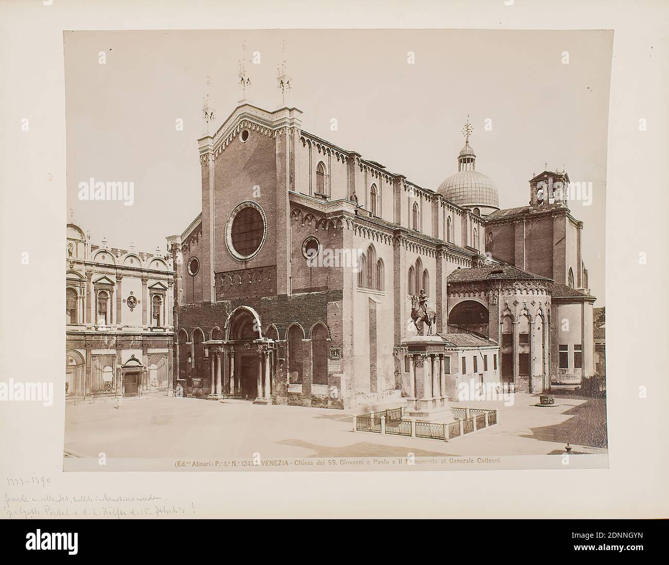 Santi Giovanni e Paolo (San Zanipolo), Venice, albumin paper, black and white positive process, image size: height: 20,40 cm; width: 25,20 cm, VENEZIA - Chiesa dei SS. Giovanni e Paolo e il Monumento al Generale Colleoni. Marked with lead recto on the cardboard: 1333 - 1390, facade unfinished, should be instructed. Late Gothic. Portal on the 2nd half of the 15th century!, travel photography, architectural photography, architecture, exterior of a church, hist. building, locality, street, Venice Stock Photo