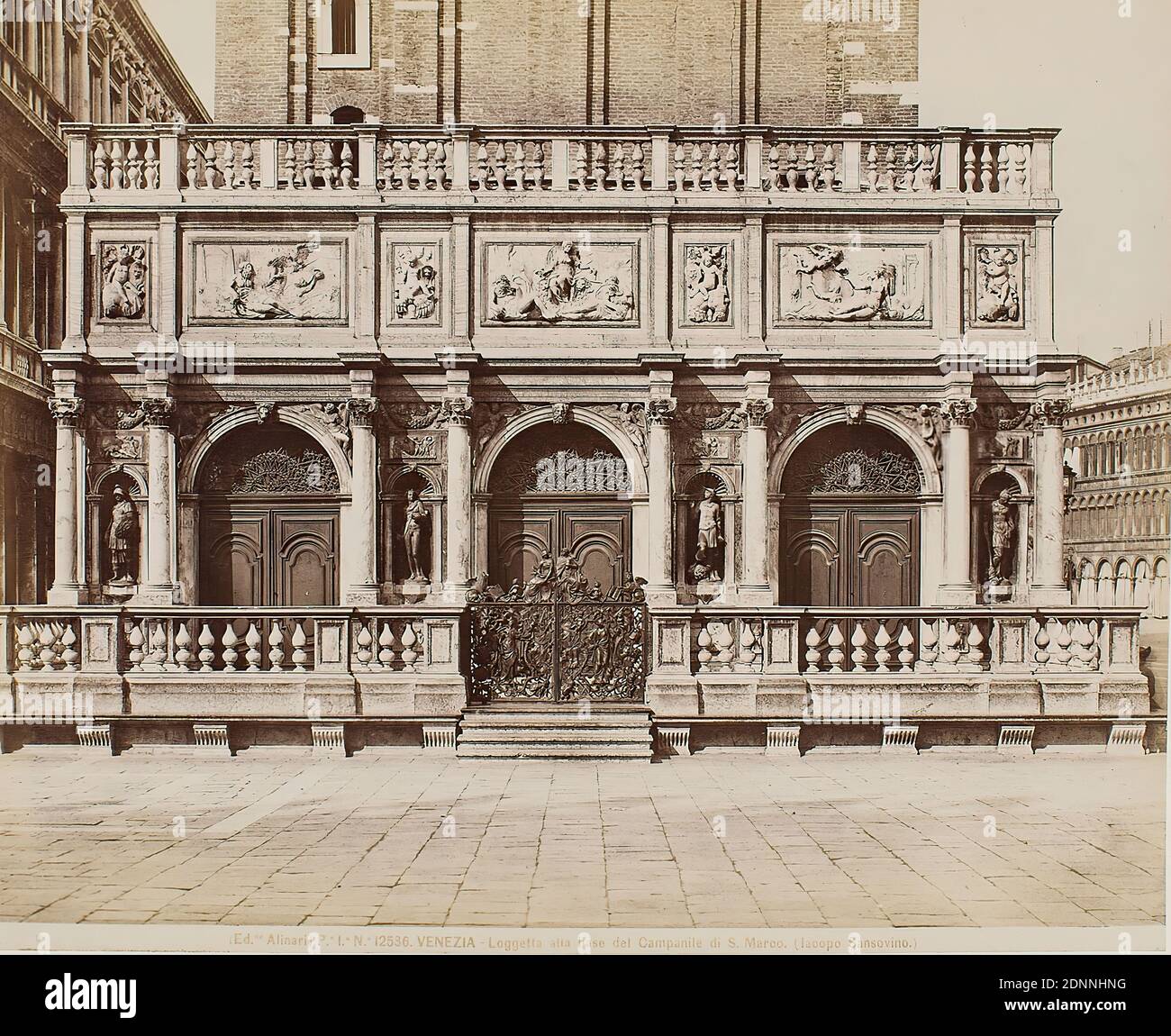 Loggetta at the foot of the Campanile di S. Marco, Venice, albumin paper, black and white positive process, image size: height: 20,00 cm; width: 25,00 cm, 6. VENEZIA - Loggetta alla base del Campanile di S. Marco. (Iacopo Sansovino.) Recto inscribed with lead: architectural sculpture and jewelry by I. Sansovino, 1540th, travel photography, architectural photography, facade decorations (architecture), bell tower, hist. building, locality, street Stock Photo