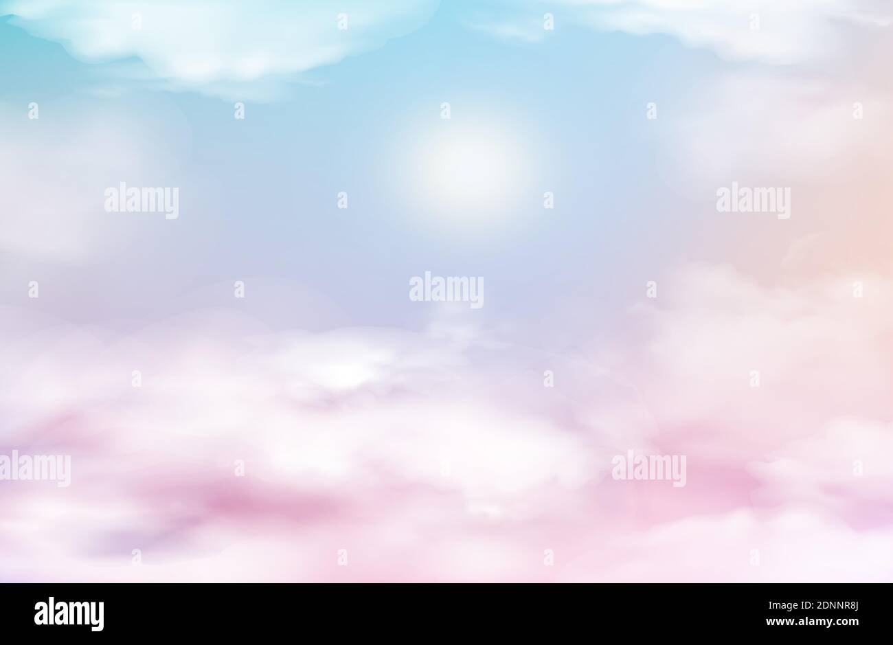 Pink sky heaven with clouds, baby background. Sunset or sunrise nature landscape white,and lilac fluffy clouds. Evening or morning vivid fantasy unico Stock Vector