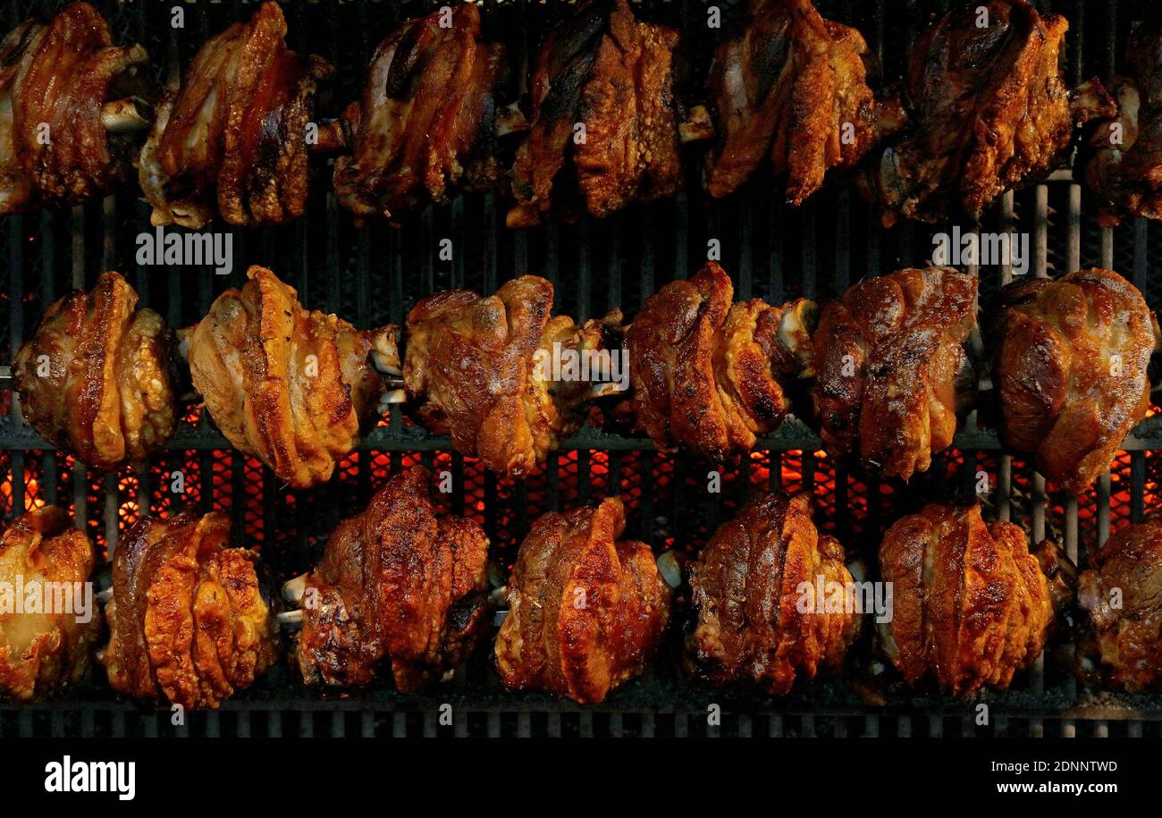 Full Frame Shot Of Meat On Barbecue Grill Stock Photo