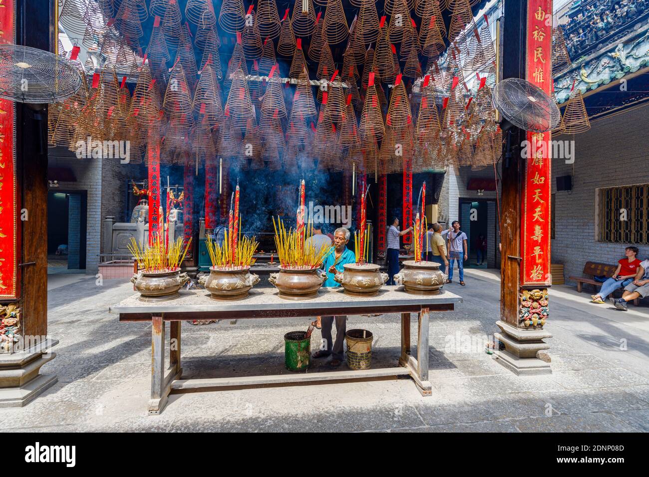 Incense sticks burning in Thien Hau Temple, a Chinese Temple of sea goddess Mazu, in downtown Saigon (Ho Chi Minh City), south Vietnam, southeast Asia Stock Photo