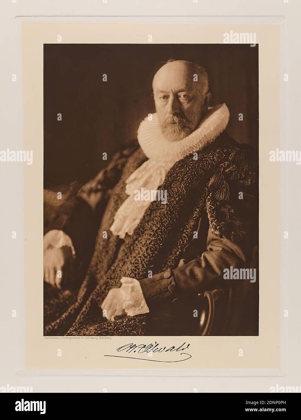 Rudolph Dührkoop, Senator W. H. O'Swald from the portfolio Hamburgische Männer und Frauen am Anfang des XX. Century, Staatliche Landesbildstelle Hamburg, Collection on the History of Photography, paper, heliogravure, picture size: Height: 21,00 cm; Width: 15,60 cm, signed: recto below the picture: Exposed signature of the sitter, inscribed: recto: engraved on printing plate, below the picture: photograph and photogravure R. Dührkoop, Hamburg, top right in the corner in lead: 6, stamp: recto: handwritten addition: Inv. no. and reference to repro, portrait photography, portrait, en face Stock Photo