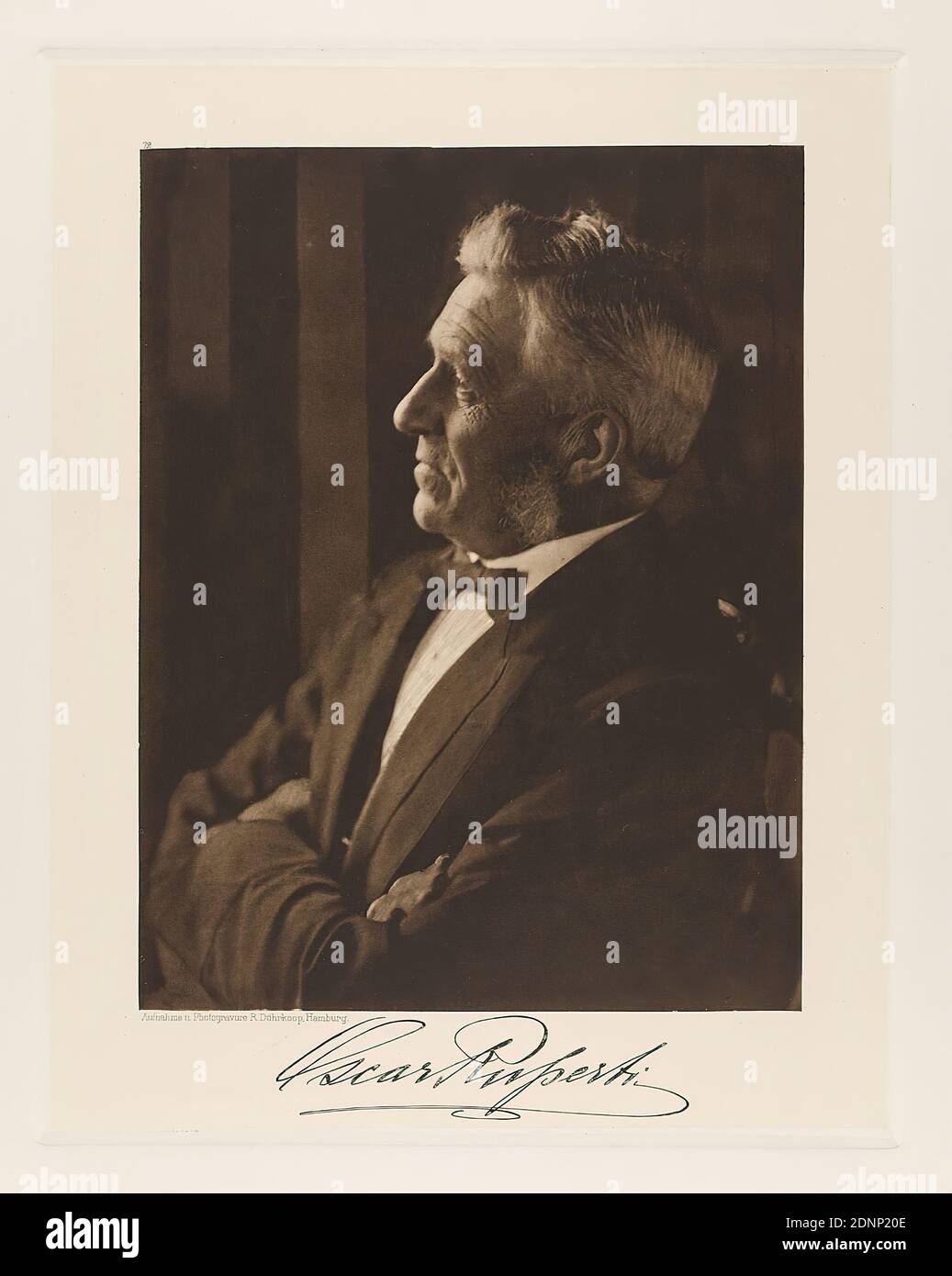 Rudolph Dührkoop, Oscar Ruperti i. F. H. J. Merck & Co, member of the Chamber of Commerce from the portfolio Hamburgische Männer und Frauen am Anfang des XX. Jahrhunderts, Staatliche Landesbildstelle Hamburg, collection on the history of photography, paper, heliogravure, image size: height: 21,10 cm; width: 16,30 cm, signed: recto below the image: imprinted signature of the sitter, inscribed: recto: engraved on printing plate, below the image: photograph and photogravure R. Dührkoop, Hamburg, top left above picture 72; top right in the corner in lead: 102, stamp: recto: inventory stamp Stock Photo