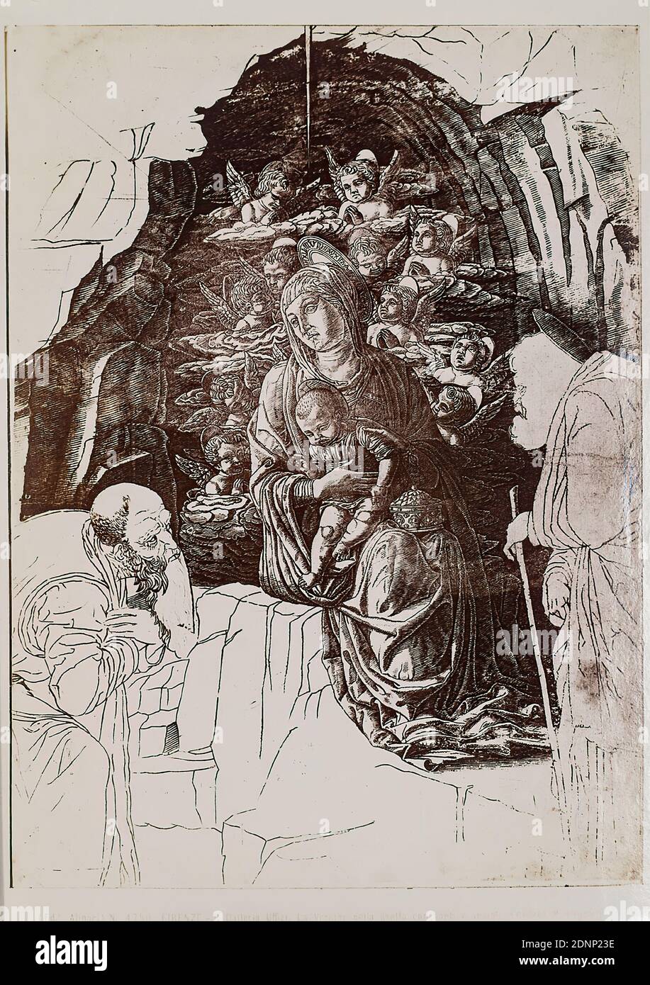 Madonna in the Grotto with Saints and Angels, Galleria degli Uffizi, Florence, albumin paper, black and white positive process, image size: height: 19,30 cm; width: 25,00 cm, title very pale and almost illegible copied below the photograph: P. 1. N°. 4750th FIRENZE - R. Galleria Uffizi. La Vergine nella grotta con santi e angeli. Verso round stamp, Mary with Christ Child (Madonna), art Stock Photo