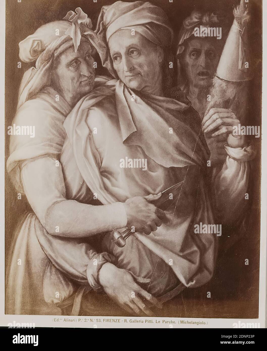 Michelangelo Buonarroti (closed): The Three Courts, Galleria Palatina, Palazzo Pitti, Florence, albumin paper, black and white positive process, image size: height: 22.80 cm; width: 19.30 cm, FIRENZE - R. Galleria Pitti. Le Parche. (Michelangelo.) Round stamp on verso, painting, Parzen (Moirae Stock Photo