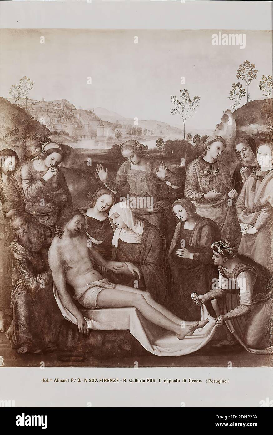 Pietro Perugino: Deposition from the cross. Galleria Palatina, Palazzo Pitti, Florence, albumin paper, black and white positive process, image size: height: 24.80 cm; width: 17.60 cm, FIRENZE. R. Galleria Pitti. Il deposto di Croce. (Perugino.), painting, deposition from the cross Stock Photo