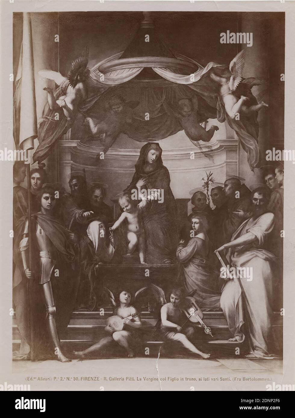 Fra Bartolommeo: Enthroned Mary with the Child and Saints, Galleria Palatina, Palazzo Pitti, Florence, albumin paper, black and white positive process, image size: height: 24.80 cm; width: 18.80 cm, FIRENZE - R. Galleria Pitti. La Vergine col Figlio in trono, ai lati vari Santi. (Fra Bartolommeo). Round stamp on verso, photography, painting, Madonna enthroned, Sacra Conversazione, angel (Christian religion Stock Photo