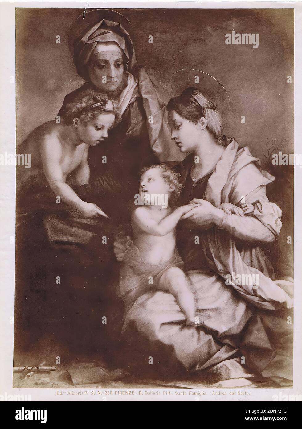 Andrea del Sarto: Holy Family (Sacra Famiglia Medici). Galleria Palatina, Palzzo Pitti, Florence, albumin paper, black and white positive process, image size: height: 25.00 cm; width: 19.30 cm, FIRENZE - Galleria Pitti. Santa Famiglia (Andrea del Sarto.) Verso round stamp, painting, Mary with Christ Child (Madonna), Elizabeth, John the Baptist (life and deeds Stock Photo