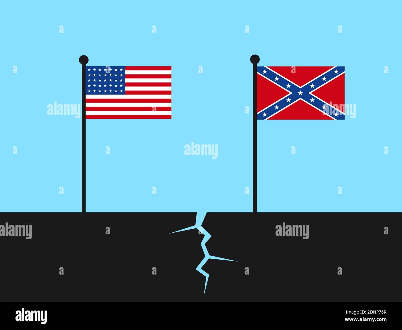 Collapse of United States of America during American civil war - national flags as symbol of divided country into Union and Confederacy. Vector illust Stock Photo