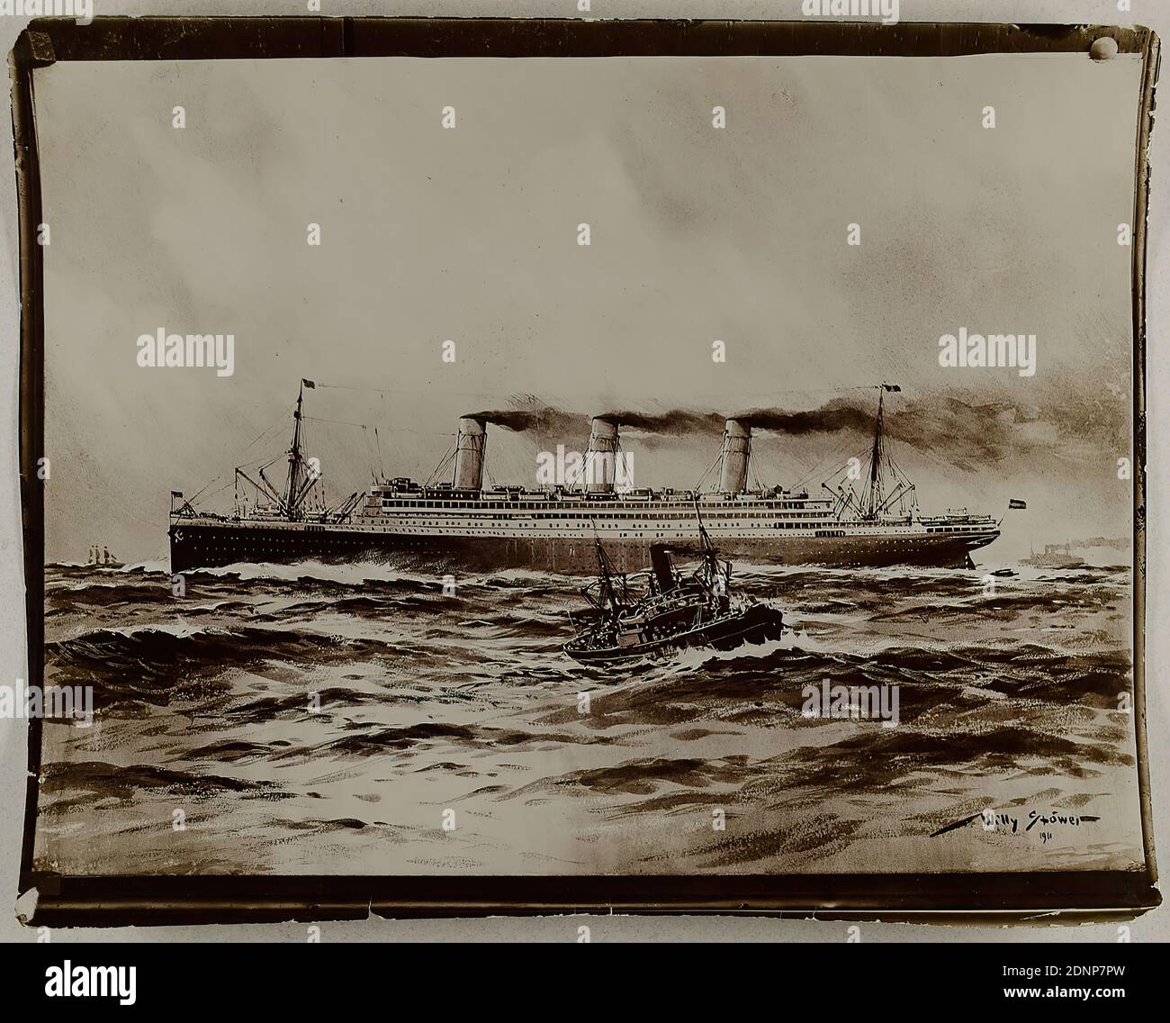 Heinrich Hamann, Atelier J. Hamann, Johann Hinrich W. Hamann, Naval painting by Willy Stöwer (1911), collodion paper, black and white positive process, Total: Height: 24.10 cm; Width: 30.10 cm, Reporting photography, Steamboat, Motor ship, Traffic on the water, Painting Stock Photo