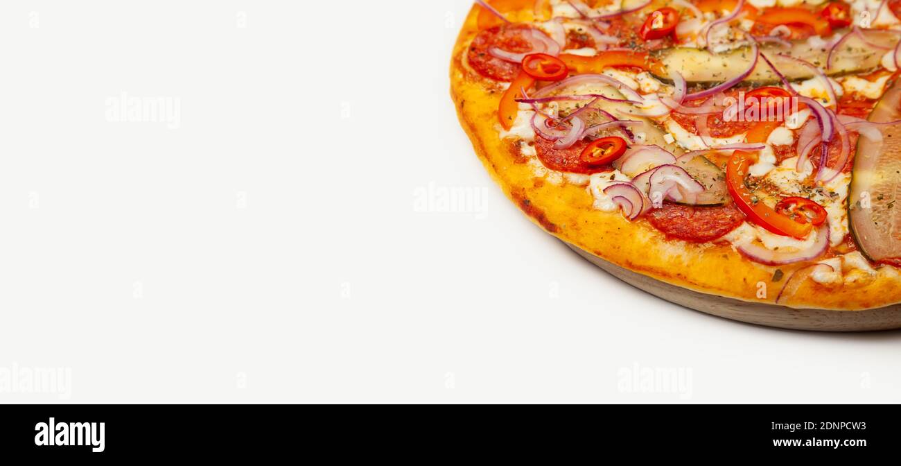 Tasty pizza Spicy pepper served on a wooden plate, ingredients