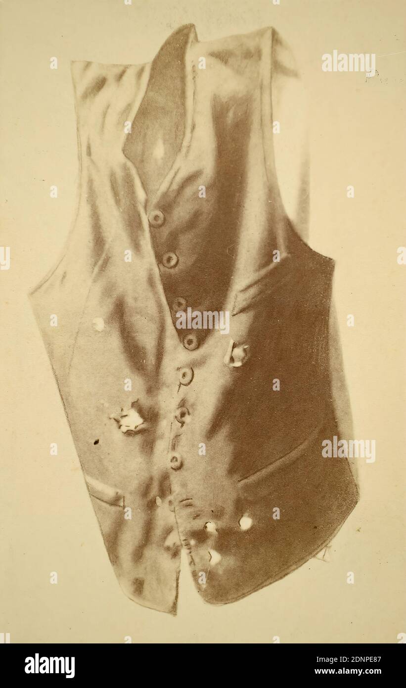 André Adolphe-Eugène Disdéri, vest of the Emperor Maximilian I. of Mexico, albumin paper, black and white positive process, image size: height: 8,9 cm; width: 5,6 cm, inscribed: recto u. dem on cardboard: type print: PROPRIÉTÉ EXCLUSIVE DE LA MAISON DE AUG.te KLEIN, REPROD. PAR DISDÉRI, stamp: verso center: EYE. KLEIN, VIENNA - PARIS, REPROD, clothing, With the aim of installing a monarchy dependent on France in Mexico, the Habsburg Ferdinand Maximilian of Austria (1832-1867) was enthroned as Emperor of Mexico at the instigation of Napoleon III in 1864. Stock Photo