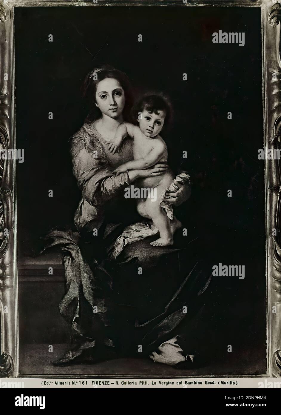 No. 161 Firenze - R. Galleria Pitti. La Vergine col Bambino Gesù. (Murillo), silver gelatin paper, black and white positive process, image size: height: 25.00 cm; width: 19.00 cm, inscribed: recto and center: exposed: No. 161. FIRENZE - R. Galleria Pitti. La Vergine col Bambino Gesù. (Murillo), stamp: verso on the print: L. 3.50, two stamps, Mary with Christ Child (Madonna Stock Photo