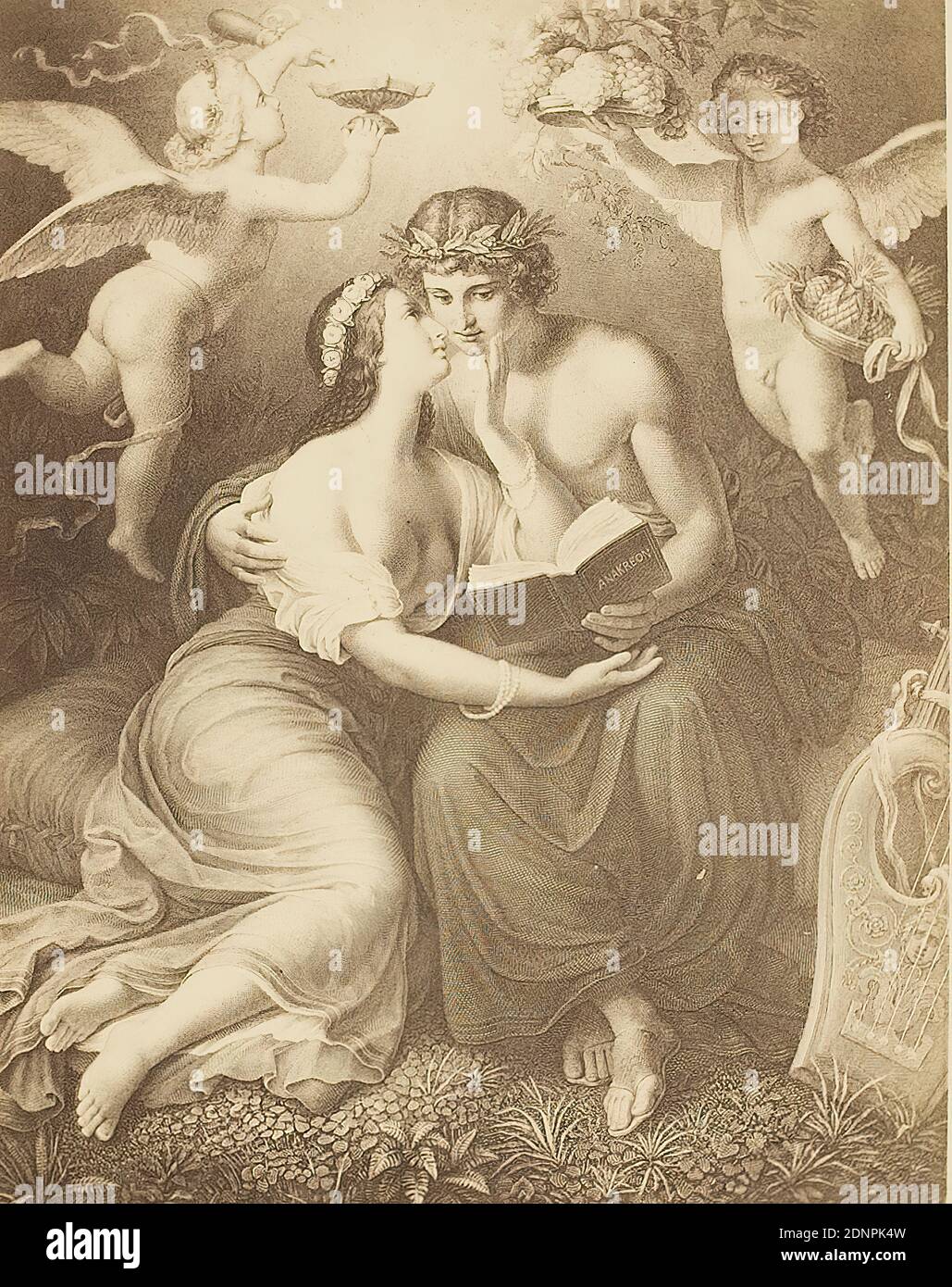 Anacreon, albumin paper, black and white positive process, image size: height: 24,30 cm; width: 18,50 cm, on the sheet noted: Alinari 189th, the poet and his muse, art Stock Photo
