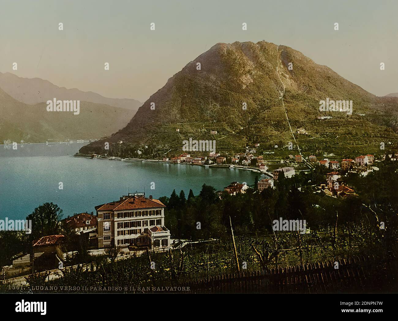 Lugano verso il Paradiso e il San Salvatore, photochrome print, image size: height: 16,50 cm; width: 22,50 cm, titled: recto u. li.: title, inscribed: recto u. li.: in lead: 209, travel photography, landscape photography, city, city view (veduta), hist. building, locality, street, hist. place, town, village, mountains, mountains Stock Photo