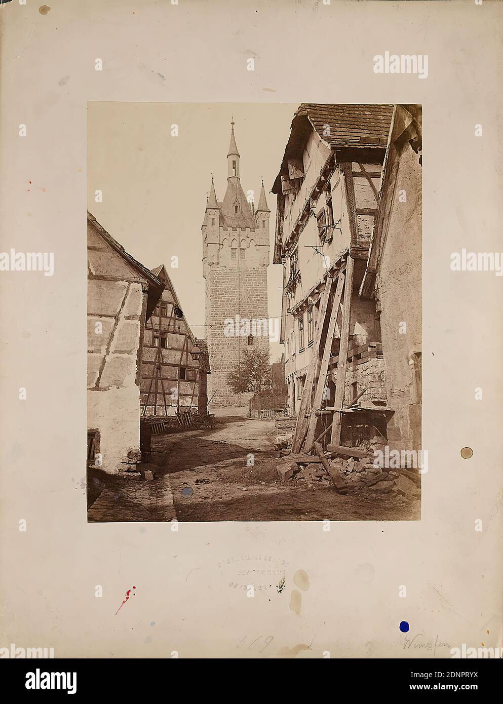 Georg Maria Eckert, Blue Tower in Wimpfen am Berg, albumin paper, black and white positive process, image size: height: 26.00 cm; width: 20.80 cm, inscribed: Cardboard recto lower right: handwritten in lead 369 Wimpfen, dry stamp: cardboard recto and center: GEORG MARIA ECKERT HOF PHOTOGRAPH HEIDELBERG, architectural photography, architecture, tower, castle, palace Stock Photo