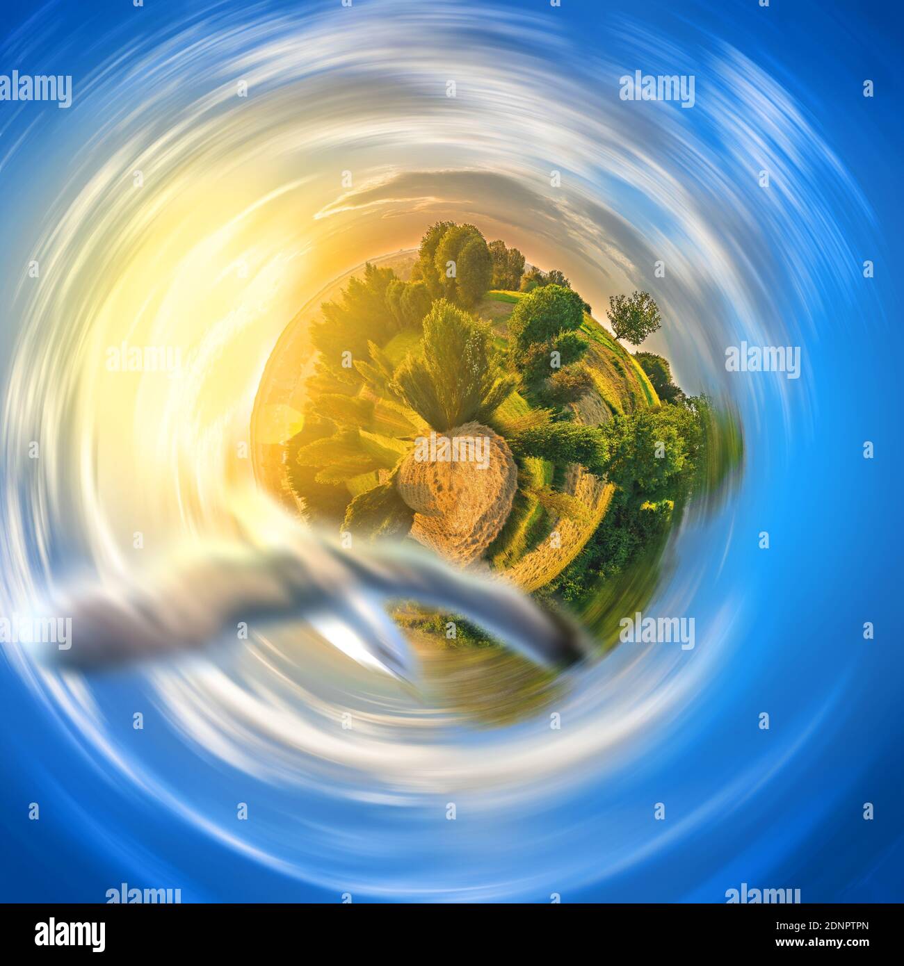 Miniature green island aerial view. Tiny planet concept. Stock Photo
