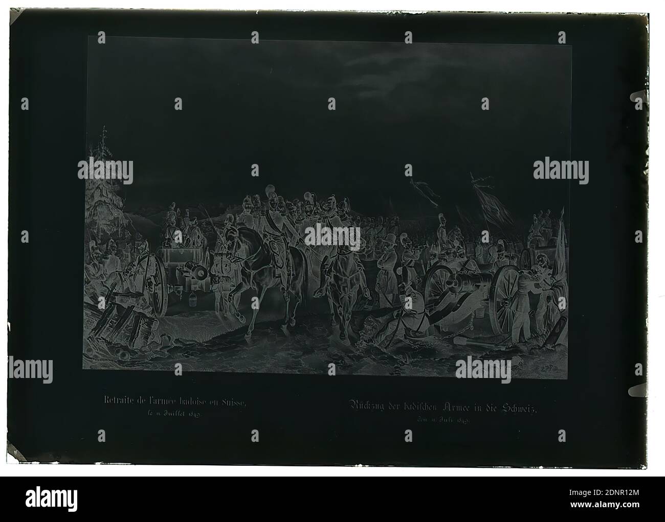 Wilhelm Weimar, graphic Retreat of the Baden army into Switzerland the 11th anniversary of the fall of the Berlin Wall July 1849, glass negative, black and white negative process, total: height: 17.8 cm; width: 12.8 cm, work of applied arts (paper), horse, soldier, soldier/soldier life, cannon, fir tree, commander-in-chief, general, marshal, landscapes (temperate zone), land forces/army historical events, persons, places, Canton Aargau (Baltenschwil, Bergdietikon, Aargau [CH Stock Photo