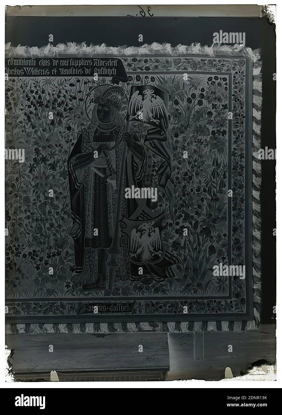 Wilhelm Weimar, knitting, glass negative, black and white negative process, total: height: 17.8 cm; width: 12.8 cm, numbered: o.: in black ink: 36. work of applied arts (textiles), saints, floral ornaments, ornaments, banderole, escutcheon, heraldic symbol, sword, heraldic animals, eagles (birds), (military) flags and standards, carpets, tapestries (collecting and exhibiting works of art), carpet, rug, bridge Stock Photo