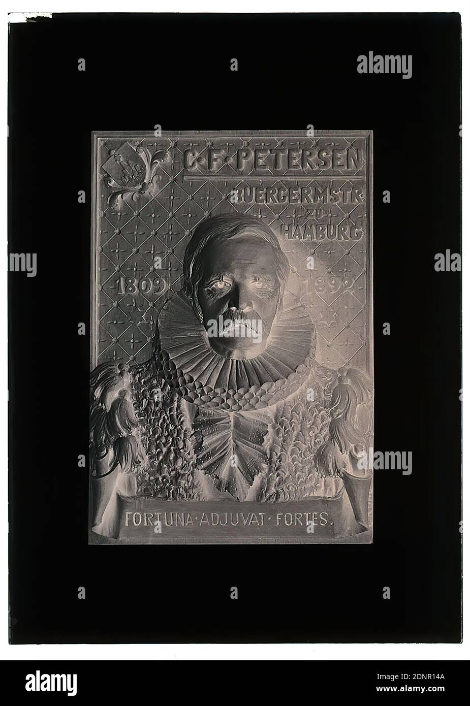 Wilhelm Weimar, boxwood relief C.F. Petersen Bürgermeister zu Hamburg (1809-1892) by Carl Kühl, glass negative, black and white negative process, Total: Height: 17.8 cm; Width: 12.8 cm, work of applied art (wood, z. B. panelling), portrait, mayor, coat of arms (state symbol Stock Photo