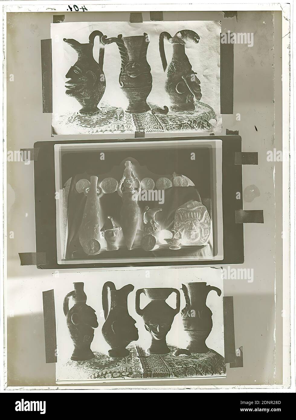 Wilhelm Weimar, Three photographs of craft objects, glass negative, black and white negative process, total: height: 23.8 cm; width: 17.8 cm, numbered: top left. : in black ink: 401, photography, jug, mug, cup, goblet, container (ceramics): vessel, jug, pot, vase, head, face, animals as ornament, work of applied art (ceramics), pottery, ceramics (collecting and exhibiting works of art Stock Photo