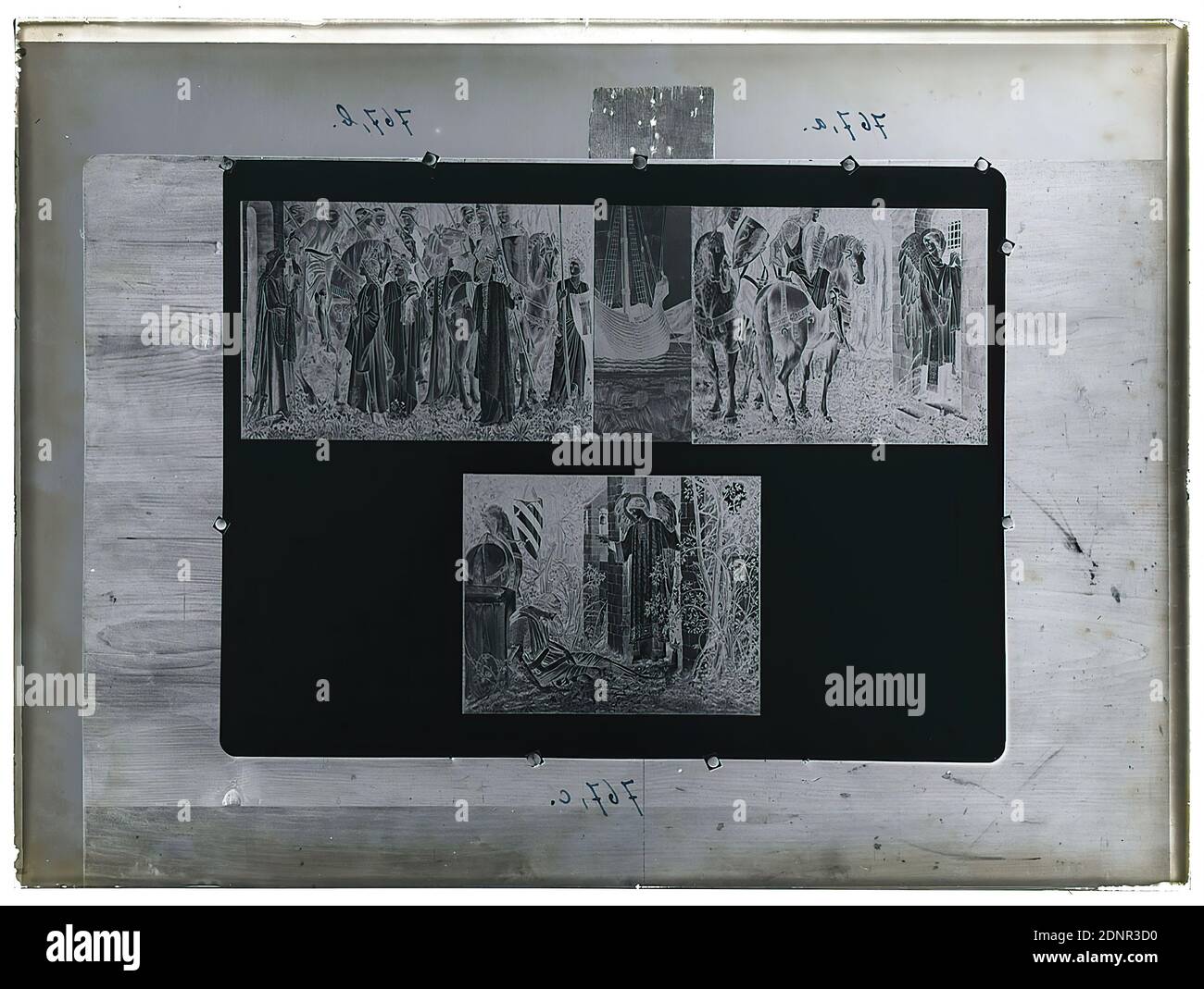 Wilhelm Weimar, motifs from the tapestry series on King Arthur and the Search for the Holy Grail by William Morris and Edward Burne-Jones, glass negative, black and white negative process, total: height: 23.8 cm; width: 17.8 cm, numbered: o.: in black ink: 767,a. and 767,b, numbered: u.: in black ink: 767,c, Engel (christliche Religion), Pferd, Schiffe, Lit. Zyklen, Epen, Lit. Charaktere Stock Photo