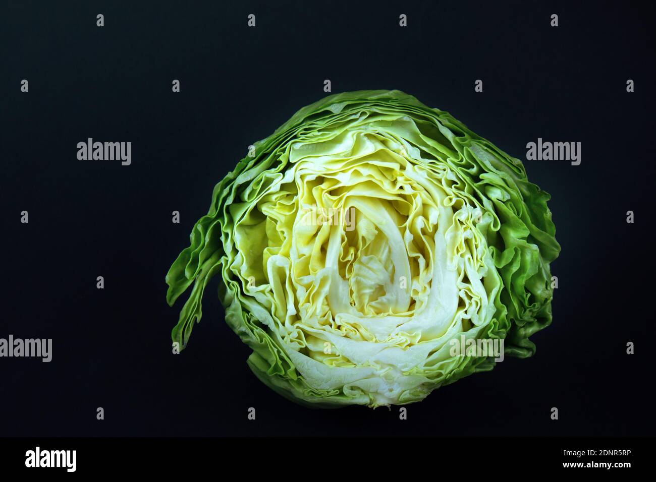 Ripe solid roach of green cabbage on a black background with copy space Stock Photo