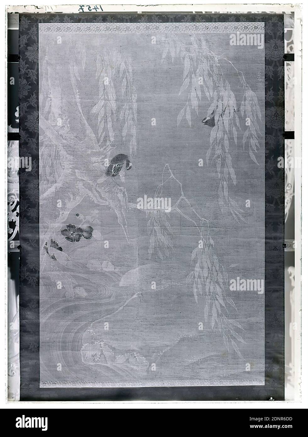 Wilhelm Weimar, Chinese silk scroll painting (Kakemono), glass negative, black and white negative process, total: height: 23.8 cm; width: 17.8 cm, numbered: top left : in black ink: 1457, birds, trees, bushes, brook (watercourse), painting Stock Photo