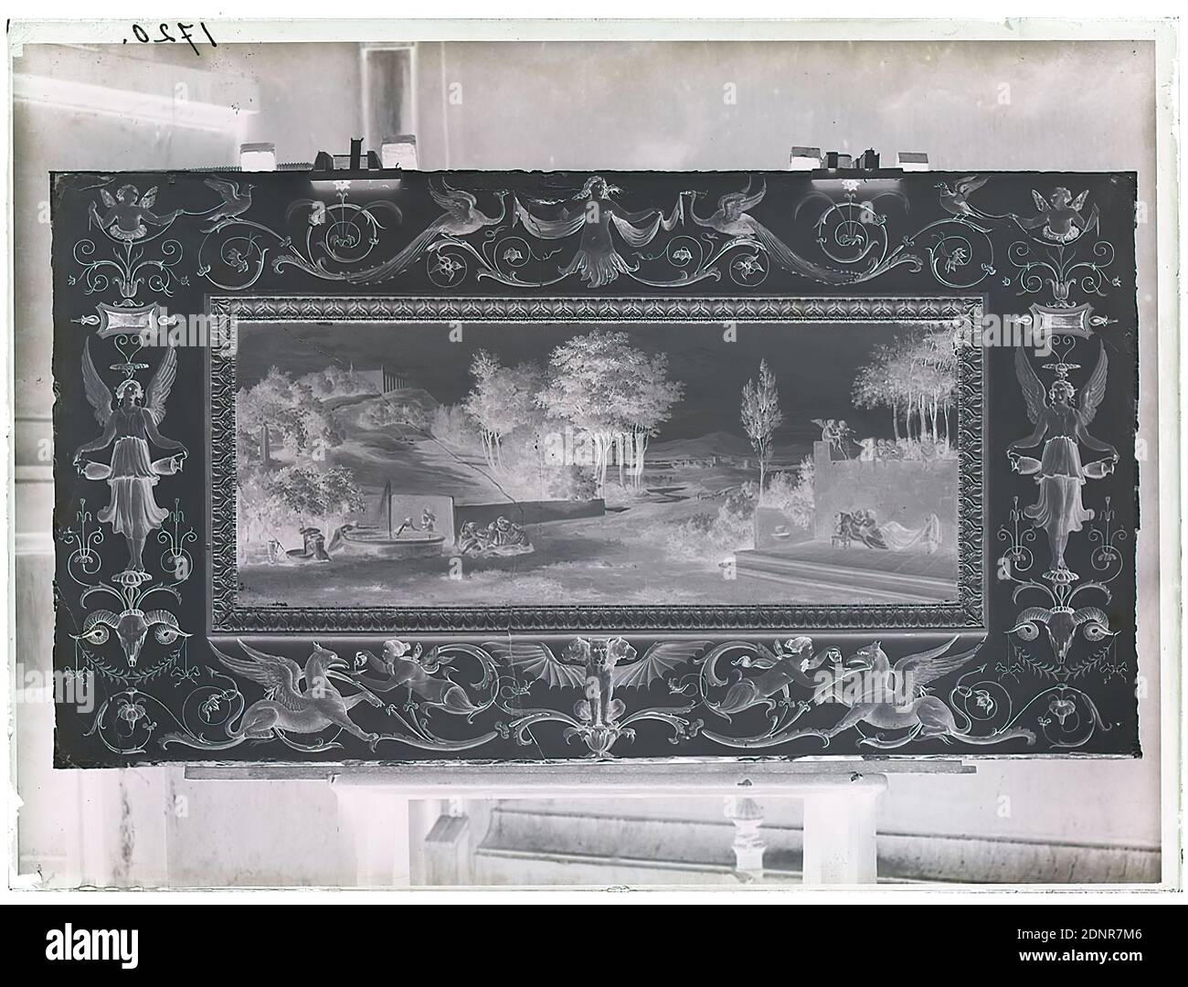 Wilhelm Weimar, mural from the Abendroth House, Hamburg, glass negative, black and white negative process, total: height: 23.8 cm; width: 17.8 cm, numbered: top left : in black ink: 1720, painting, ornaments, idylls, rural scenes, arcadian scenes, birds, grotesque (ornament), fabulous animals, interior decoration (of a house), mural painting Stock Photo