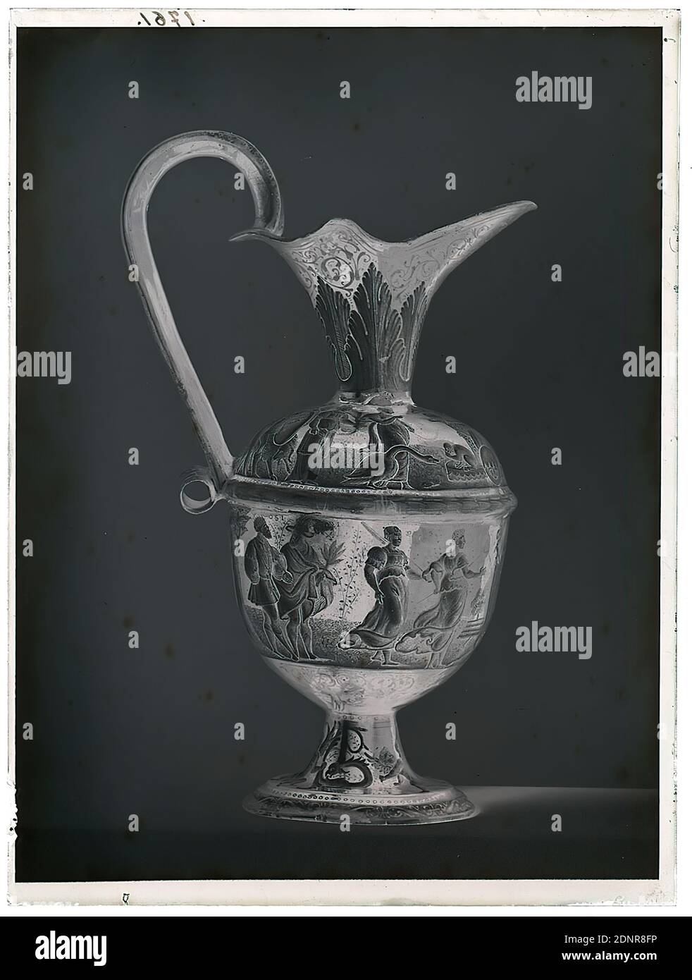 Wilhelm Weimar, enamel jug, glass negative, black and white negative process, total: height: 23,8 cm; width: 17,8 cm, numbered: top left: in black ink: 1761, handicraft, arts and crafts, industrial design, jug (drinking vessel), human Body/Figure/Act, ornaments, birds, plant, animal, animals, work of applied art Stock Photo
