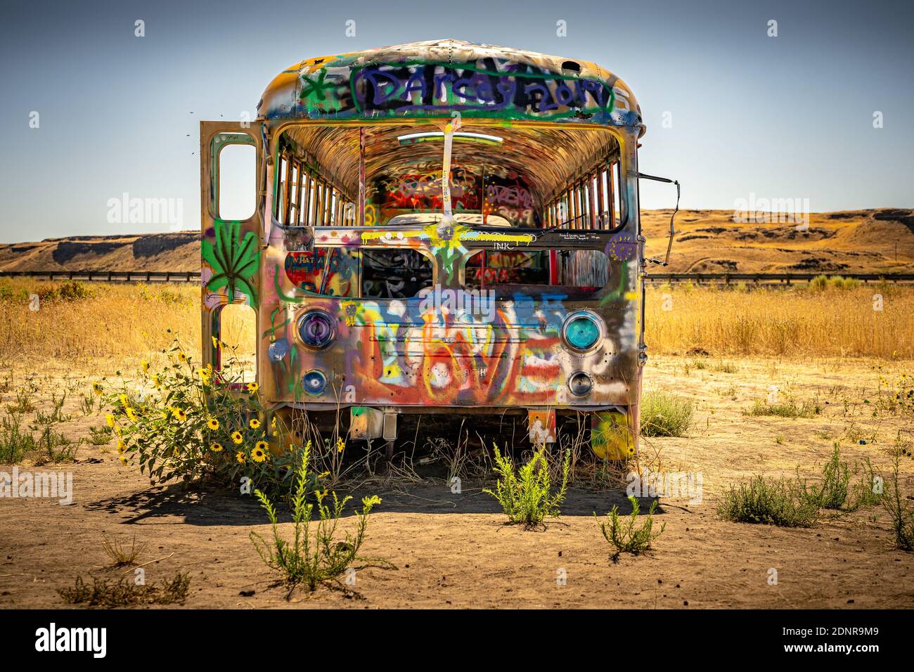 Abandoned bus covered in graffiti Stock Photo
