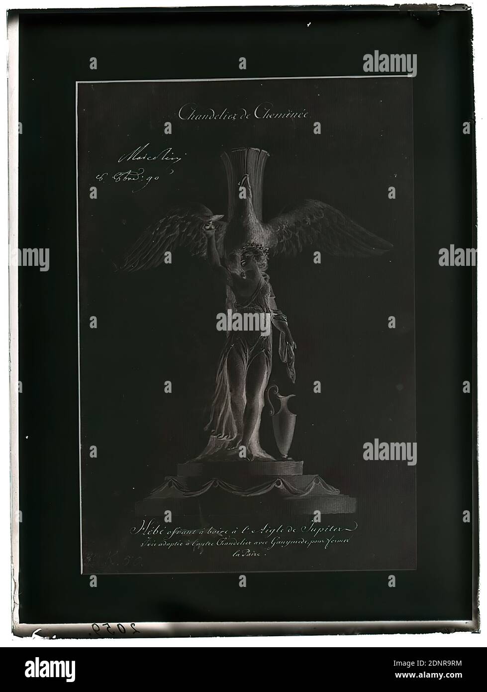 Wilhelm Weimar, hand drawing of the chandelier Hebe (Marcolini), glass negative, black and white negative process, total: height: 23.8 cm; width: 17.8 cm, numbered: u. l.: in black ink: 2059. graphics, eagles (attributes of Jupiter), history of Hebe (Juventas), candlesticks, candelabras Stock Photo