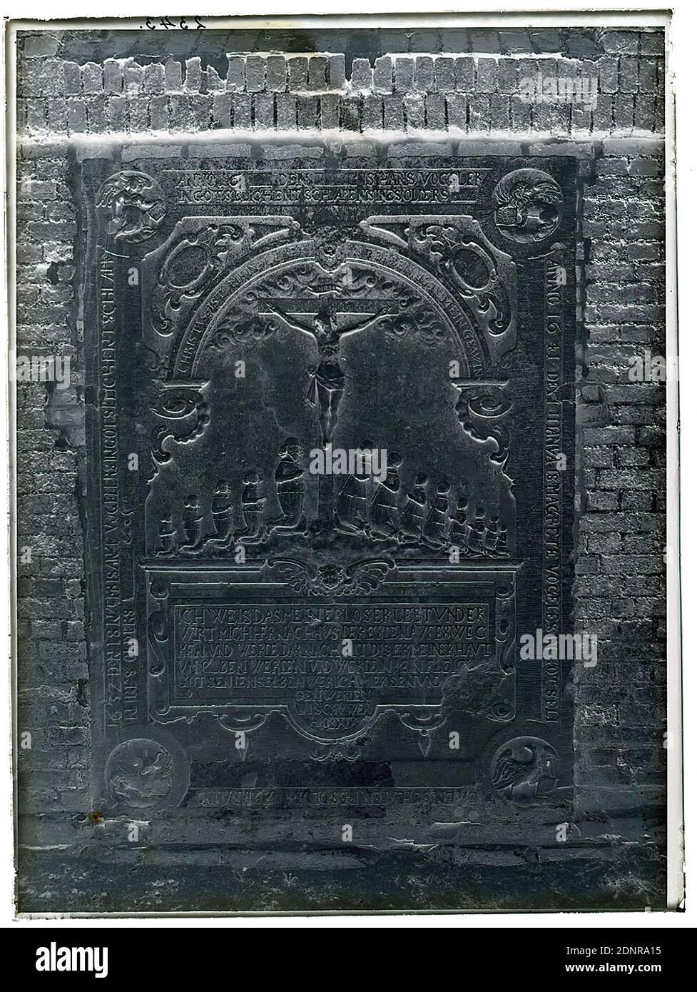 Wilhelm Weimar, gravestone, church St. Nikolai, Billwerder, glass negative, black and white negative process, total: height: 23.8 cm; width: 17.8 cm, numbered: top left : in black ink: 2343, photography, tombstone, gravestone, grave plate, grave, tomb, skull, Christ on the cross, letters, alphabet, writing, evangelist symbols, work of applied art (stone), arts and crafts, decorative arts, industrial design  on photography Stock Photo