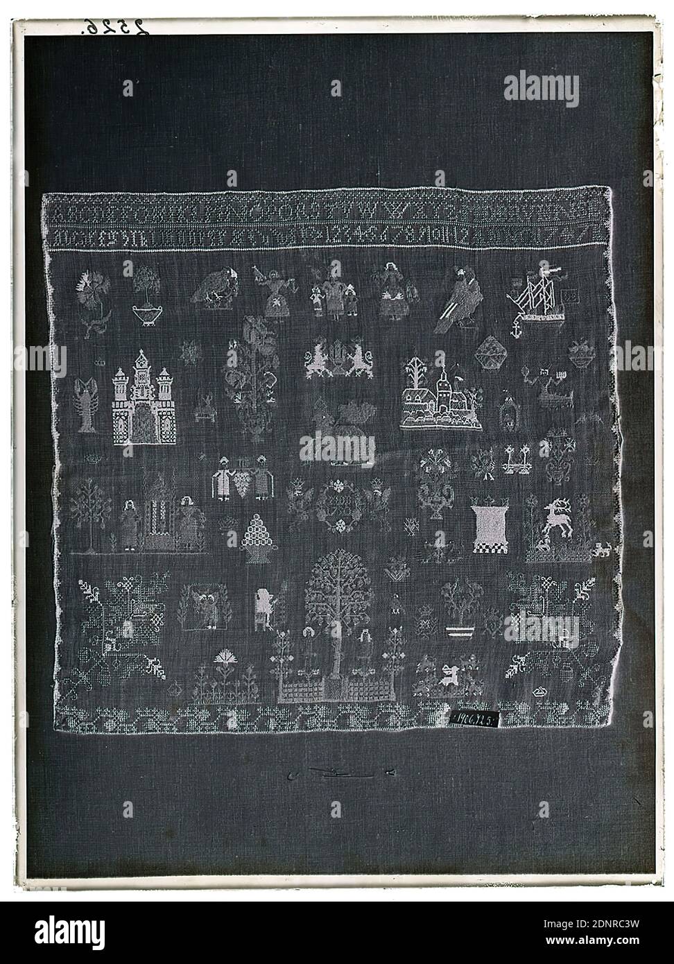 Wilhelm Weimar, sampler from Hamburg, glass negative, black and white negative process, total: height: 23,8 cm; width: 17,8 cm, numbered: top left: in black ink: 2526. work of applied art (textiles), ornaments, letters, alphabet, writing, numbers, flower ornaments, birds, animals as ornaments, plant ornaments, Adam and Eve in paradise, ships, parrot, crustaceans, coat of arms (state symbol Stock Photo