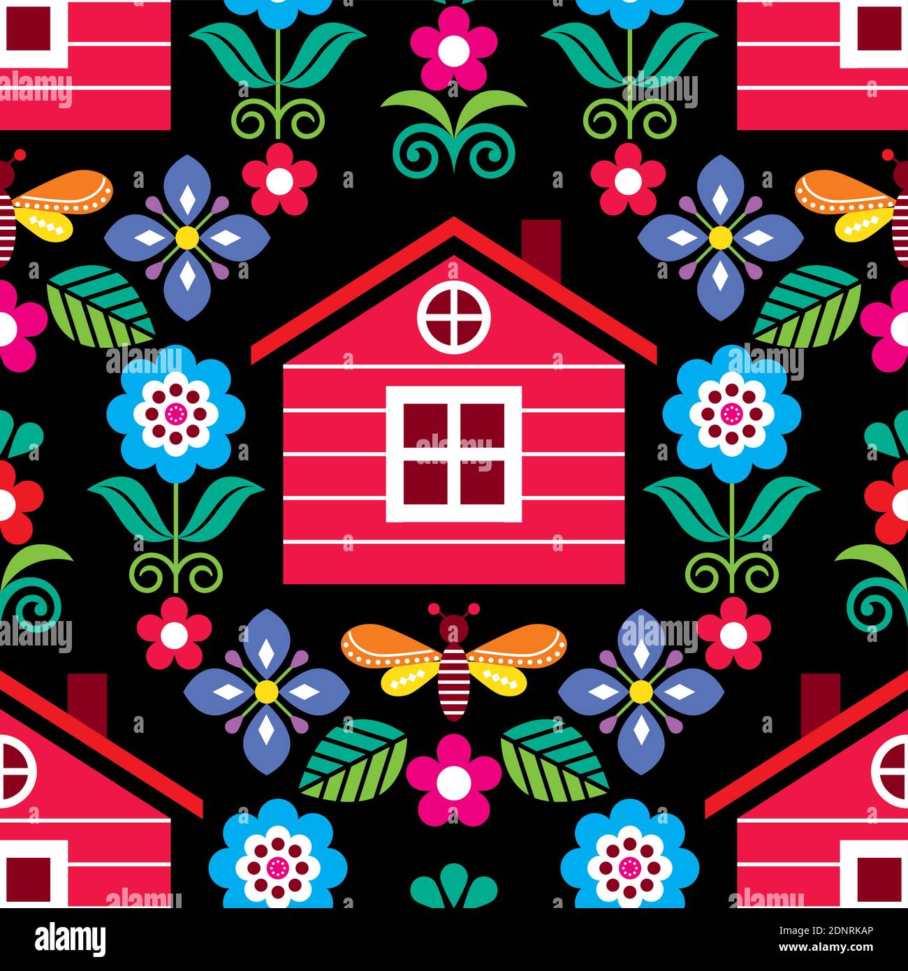 Scandinavian folk art seamless vector floral pattern with Finnish or Norwegian house, textile design with flowers on black Stock Vector