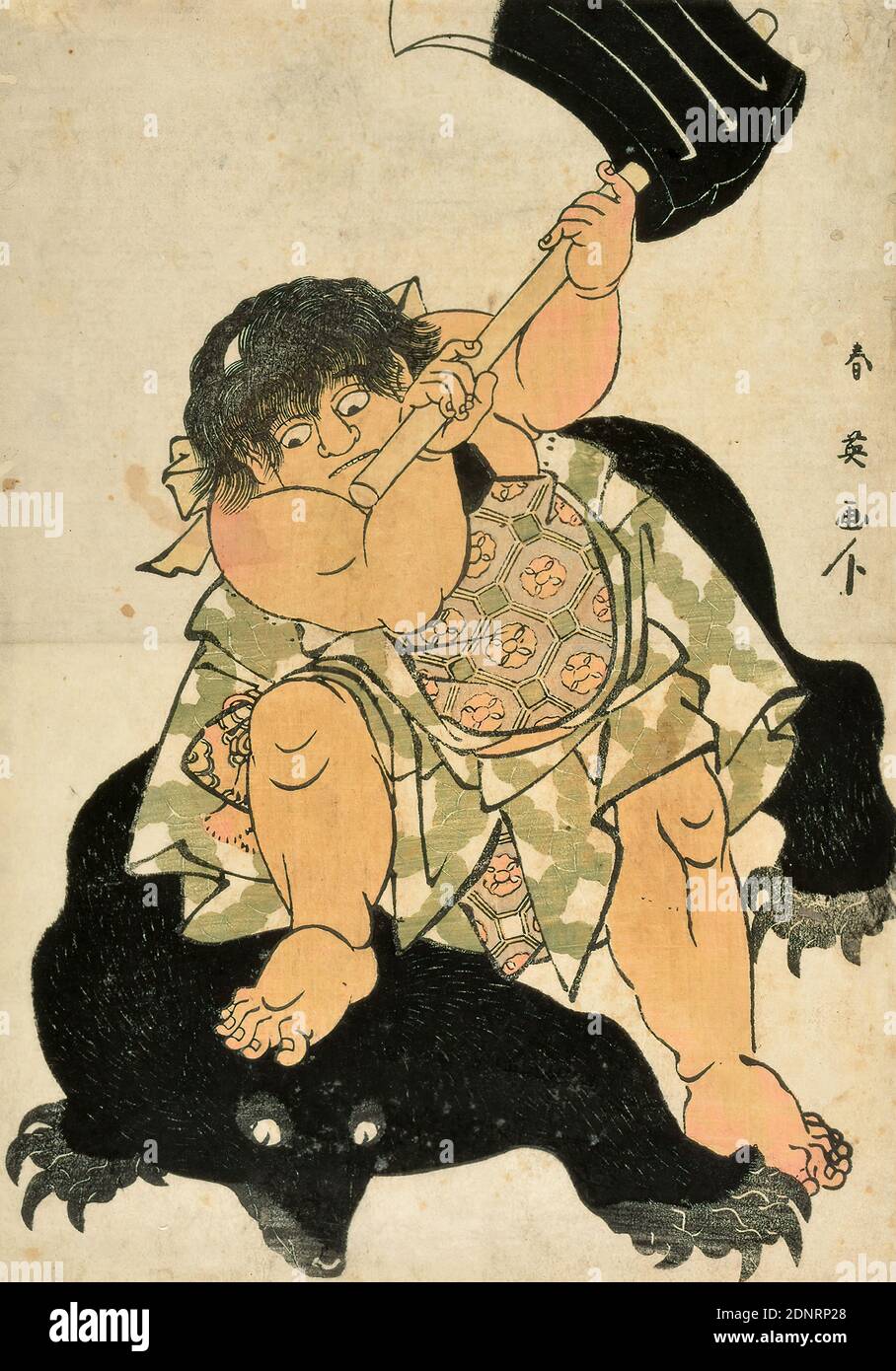 Katsukawa Shun'ei, Kintarō fights with a bear, color woodcut, Total: Height: 31,30 cm; Width: 22,00 cm, Signature: Shun'ei ga 春英画, Publisher: Yamaguchiya Chūsuke, Printmaking, Prints, Child, Edo period Stock Photo