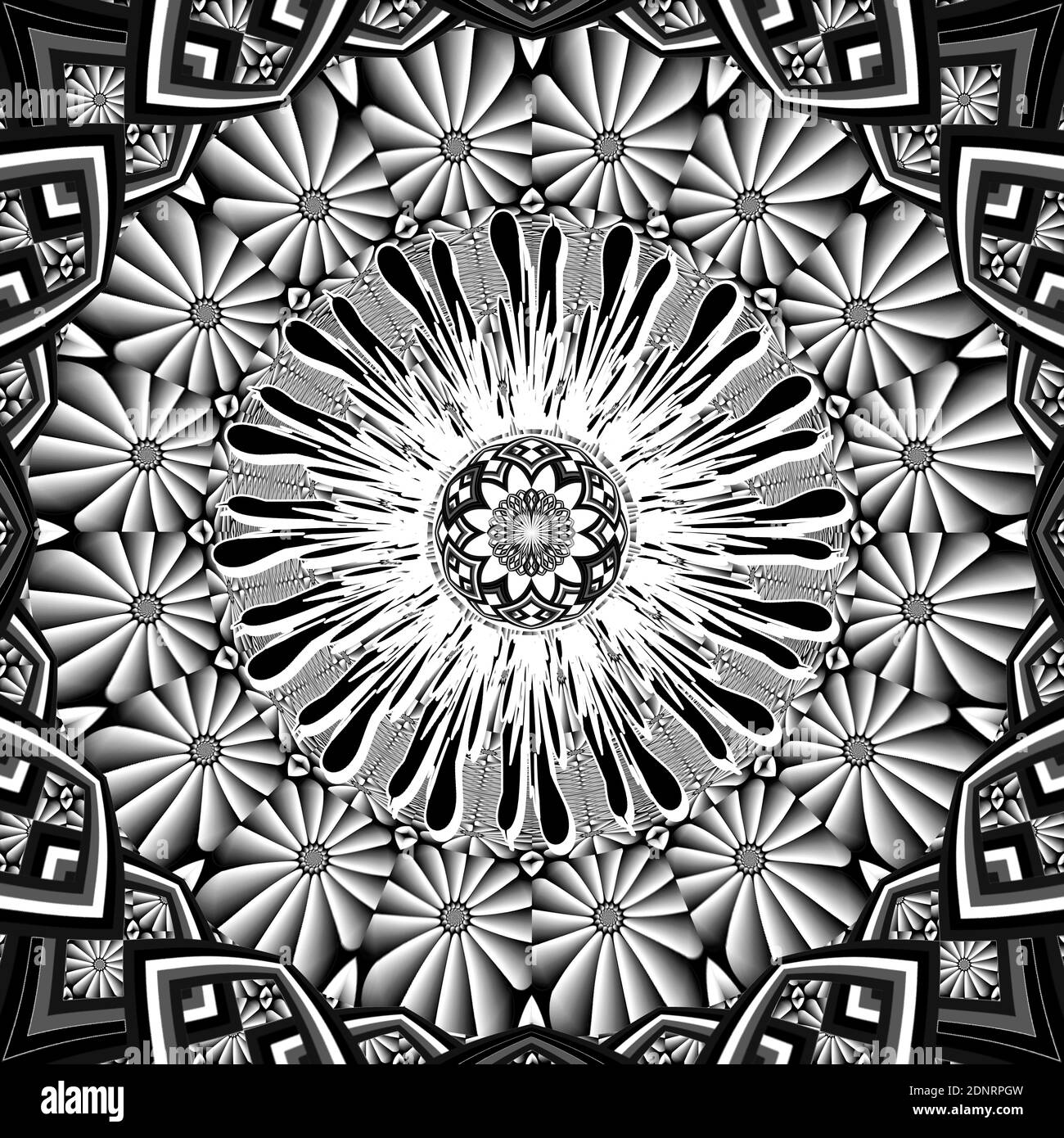 Digital art mandala with assorted patterns in black and white Stock ...