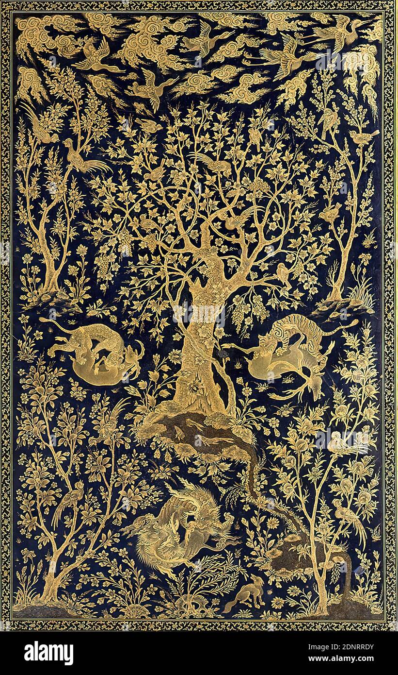 Book cover with fighting animals, leather, lacquer painting, Total: Height: 19 cm; Width: 33 cm, arts and crafts, plant, animal, birds, clouds, mythical animals, Safawiden, The large 16th century book cover painted with lacquer, colors, gold and silver is one of the showpieces of the Islam collection in the, . It was created in a Persian court studio and is an example of the great importance of book art within Islamic culture. On the front and back of each book, a paradise-like landscape with blossoming trees, birds and fighting pairs of animals can be seen. Stock Photo